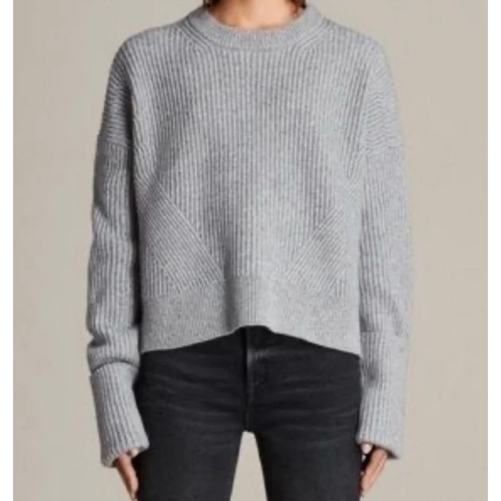 AllSaints Pierce Crew Sweater Womens Small Grey Wool Cashmere Ribbed Knit Crop